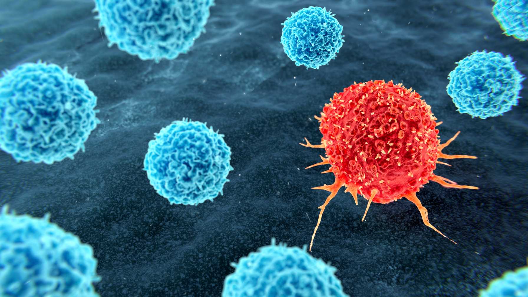 3D illustration of immune cells, with a red cancer cell surrounded by multiple blue T-cells in a dark biological environment.