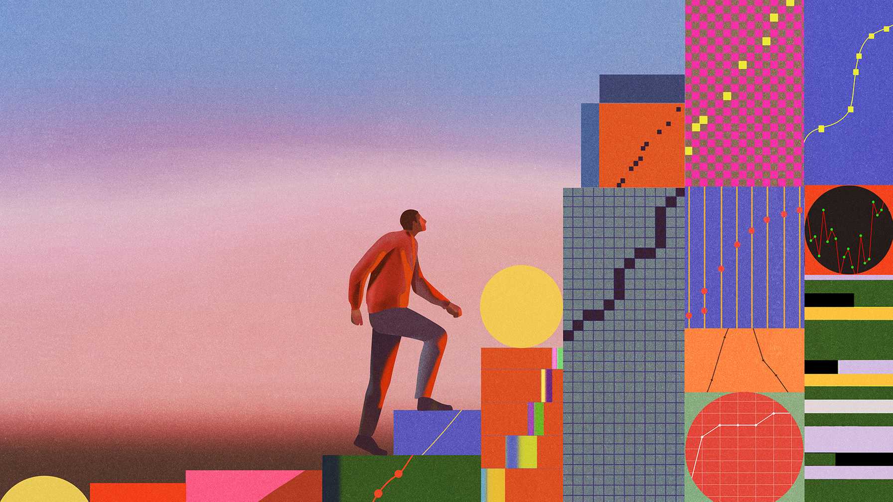 Illustration of man walking up rising bar graph